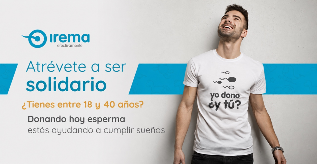 Donación de semen 1 - Irema Banner de campaña de donación de esperma de Clínica IREMA con un hombre joven sonriendo y texto de invitación a donar.