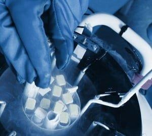 Donación de semen 2 - Irema Especialista manipula muestras en tanque de nitrógeno líquido para criopreservación de semen en laboratorio de reproducción asistida.